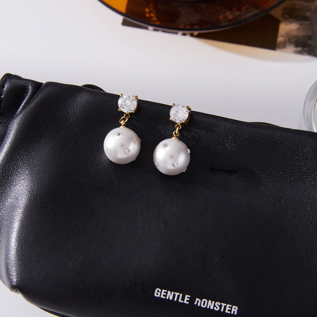 Imitation Pearl and Clear Stone Stainless Steel Drop Earrings — paired earrings on a neutral surface