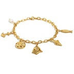 Gold Plated 316L Stainless Steel Coastal Charm Bracelet — anchor sailboat shell and fish charms