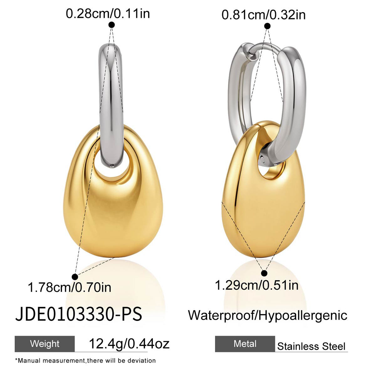 Two tone pebble drop earring measurement chart