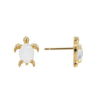 Brass opal sea turtle earrings, front and profile details