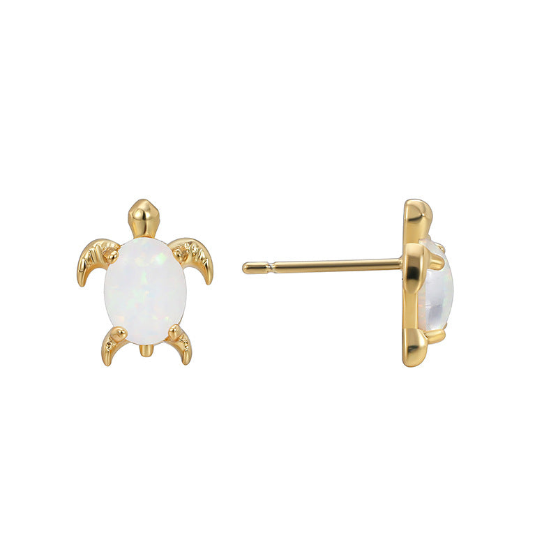 Brass opal sea turtle earrings, front and profile details