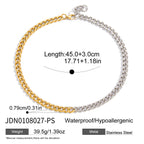 Two-tone curb chain necklace with length and stainless steel material diagram