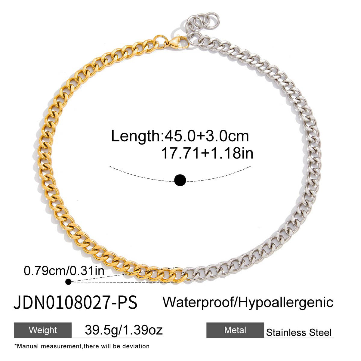 Two-tone curb chain necklace with length and stainless steel material diagram