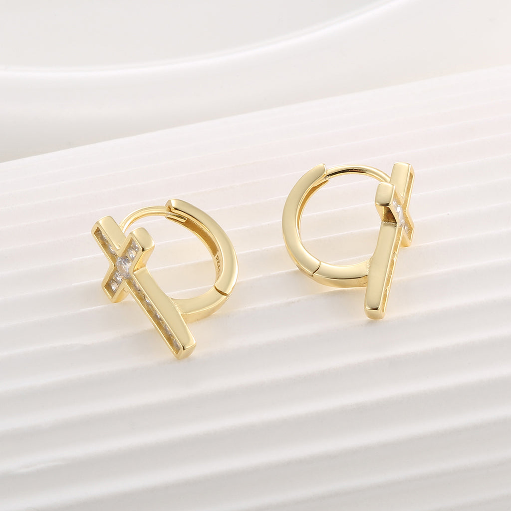 gold plated 925 sterling silver pavé cross huggie hoop earrings — product image 4 of 9