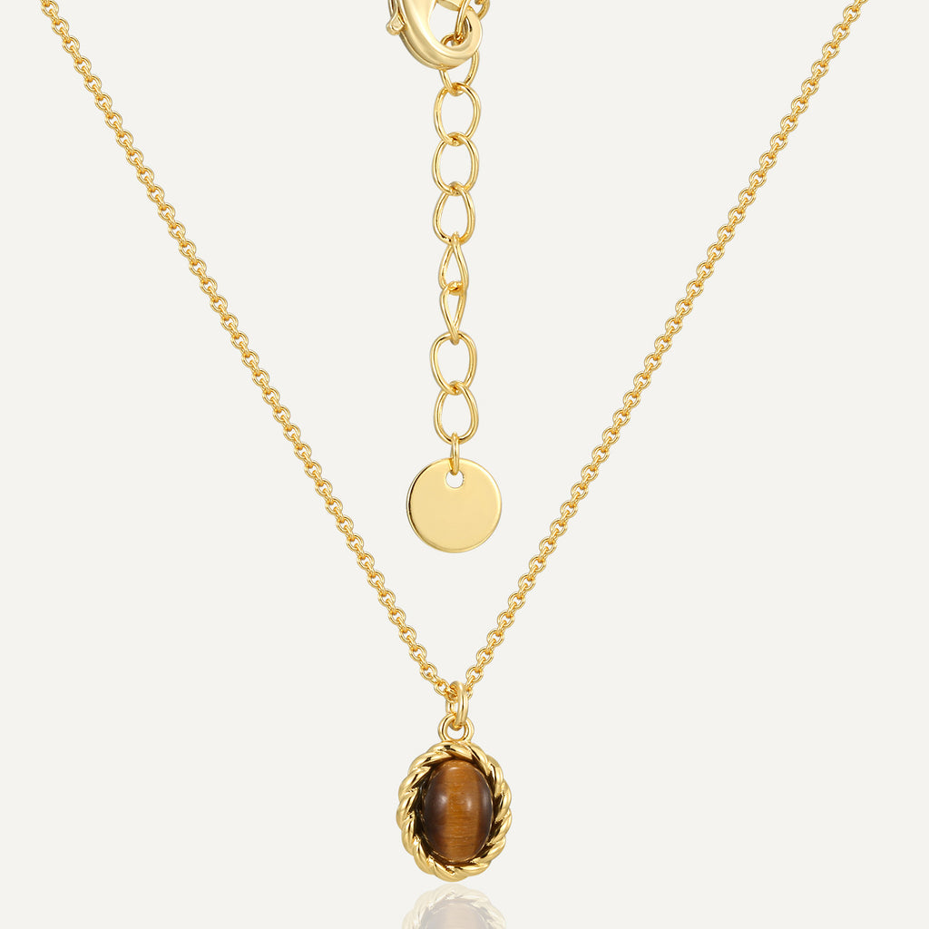 gold plated oval tiger's eye pendant necklace with extension chain