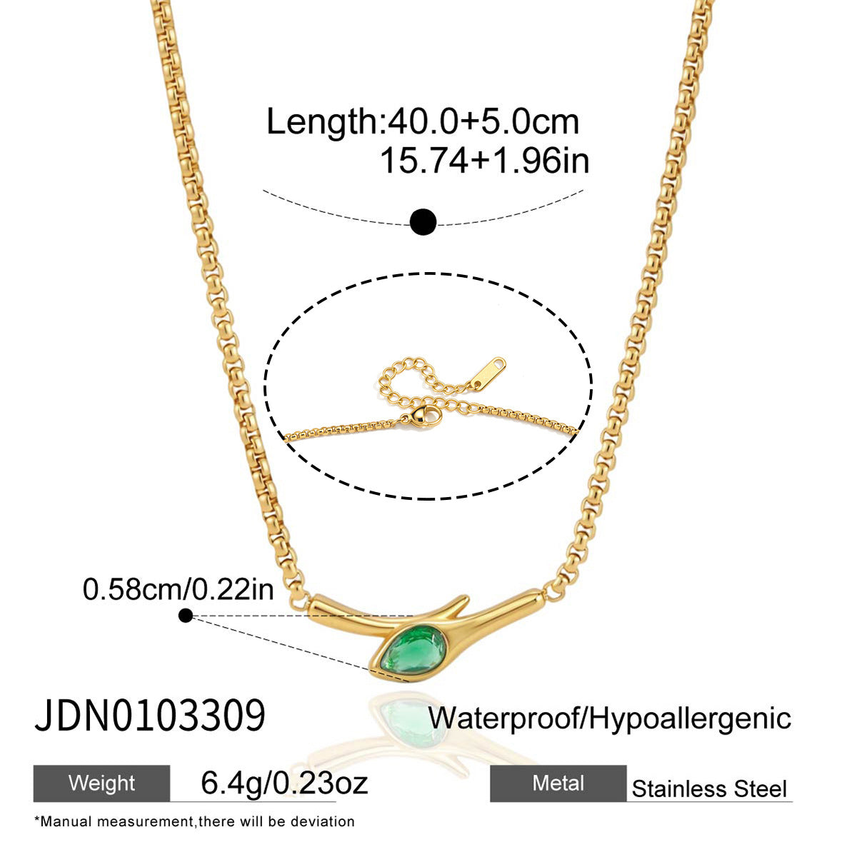 Green stone bar necklace length and clasp diagram