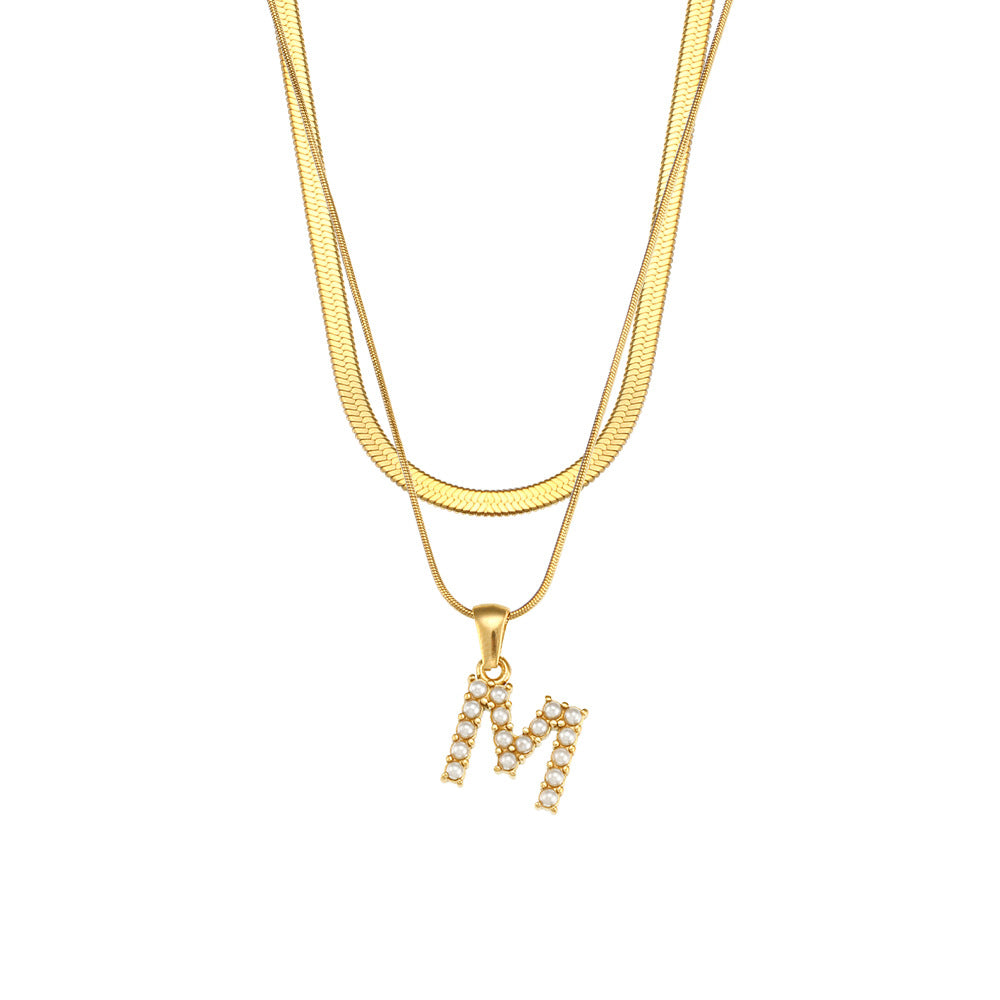 Imitation pearl letter M pendant on layered stainless steel chains
