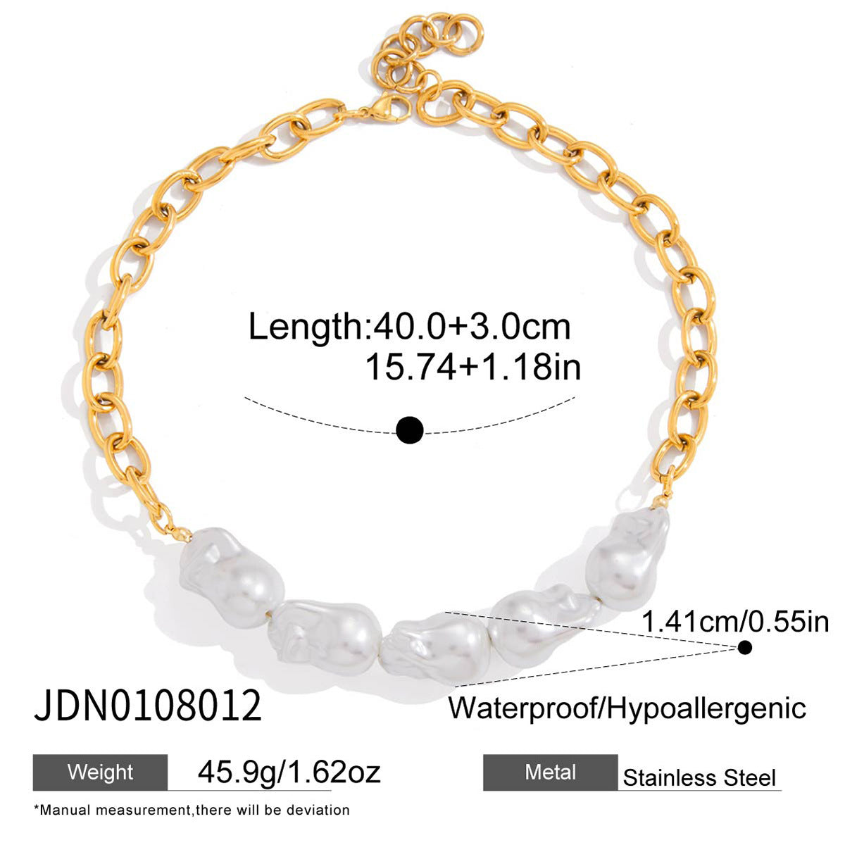 Necklace length extension and front width measurements