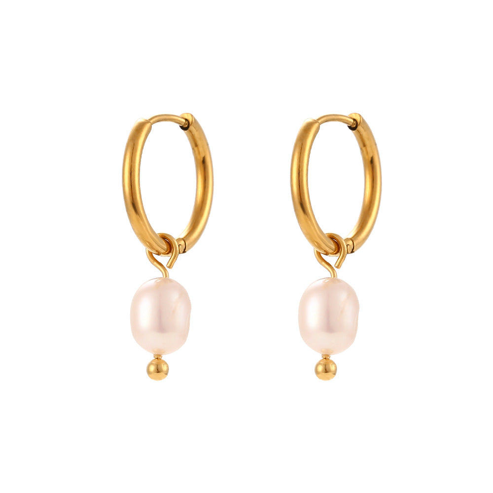 isolated front view of gold plated freshwater pearl hoop earrings