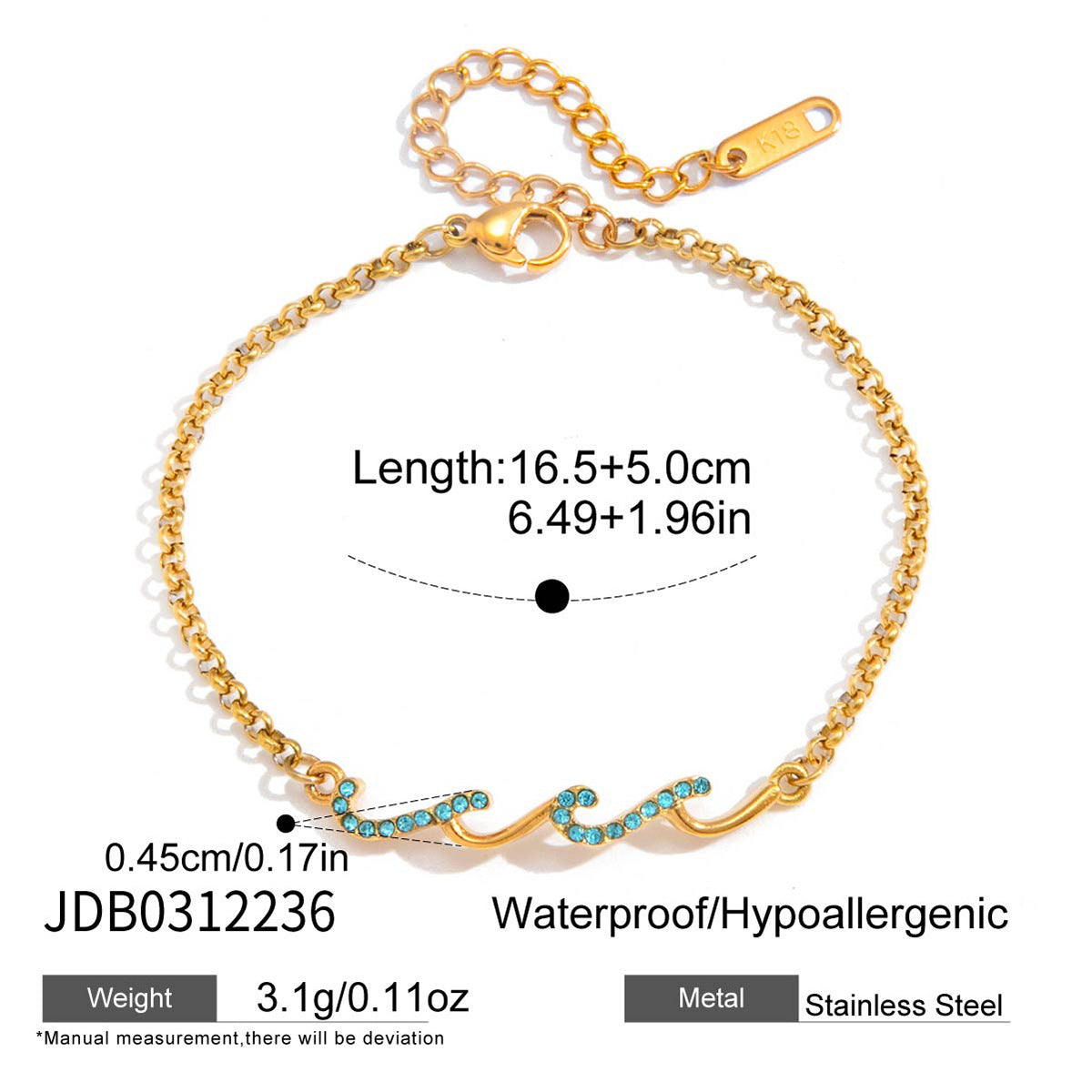 Blue wave accent bracelet size and stainless steel material reference