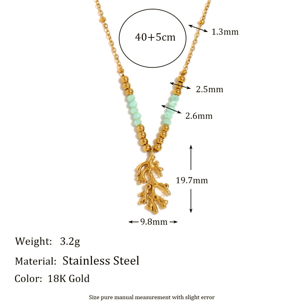 Aqua bead branch necklace dimensions and stainless steel material detail