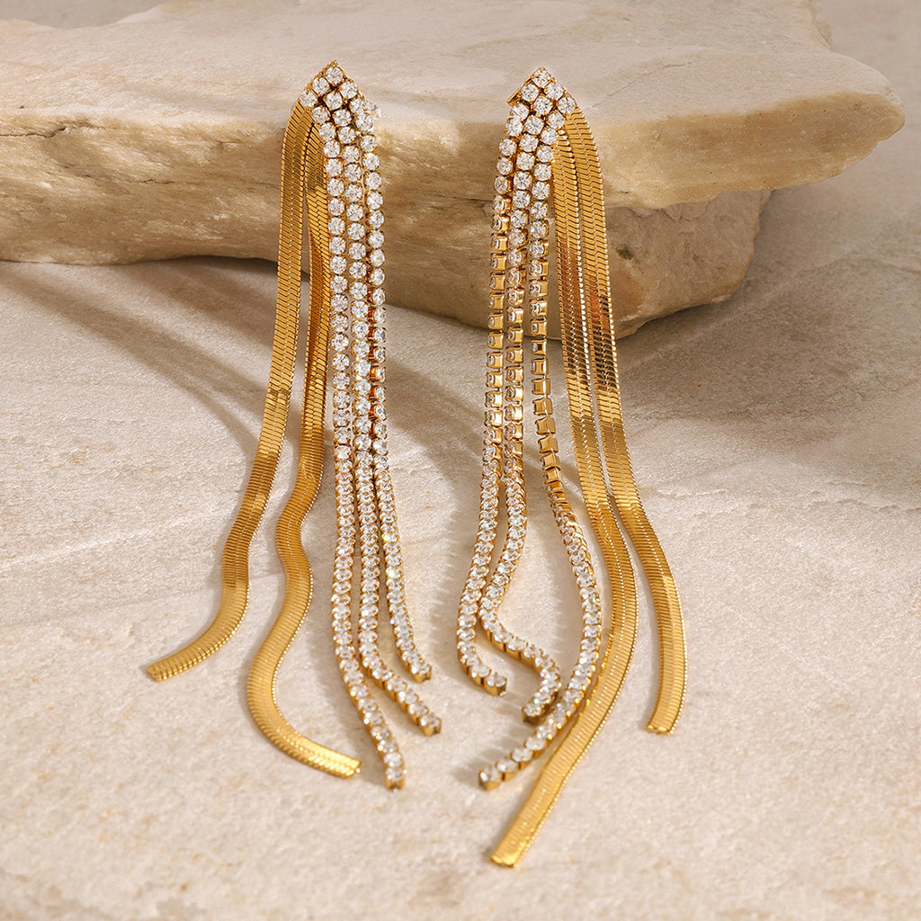 Gold-Tone Clear Accent Tassel Stainless Steel Drop Earrings — wholesale view 2