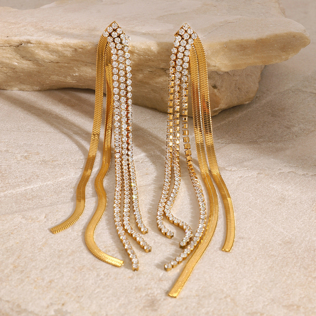 Gold-Tone Clear Accent Tassel Stainless Steel Drop Earrings — wholesale view 2