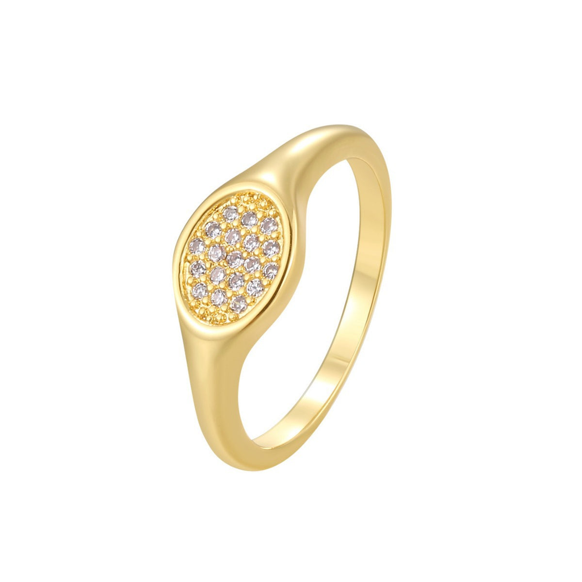 front cutout of gold plated oval pavé signet ring