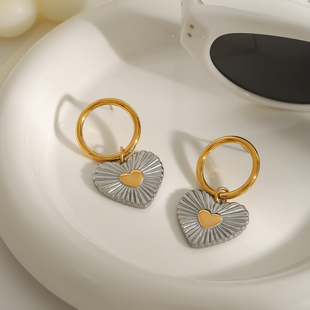 Two-Tone Heart Stainless Steel Drop Hoop Earrings – styled view