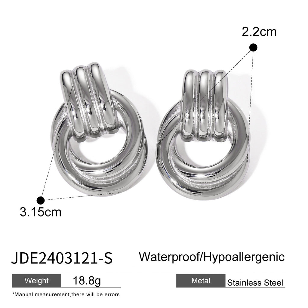 Gold Plated and Silver-Finish Stainless Steel Layered Loop Stud Earrings — scale reference