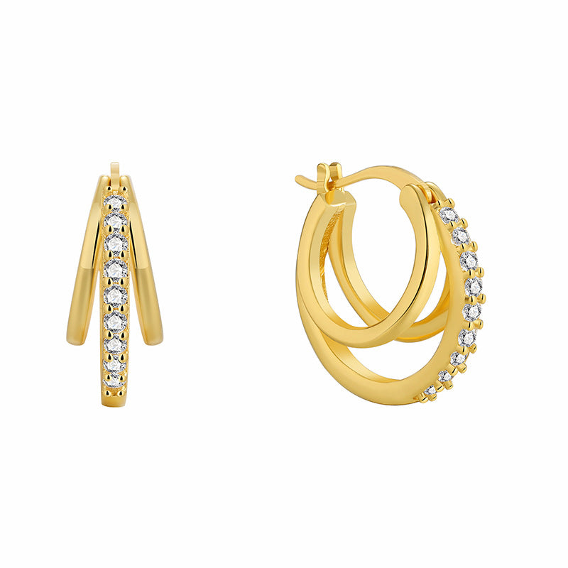 front and side details of layered gold plated clear stone hoop earrings