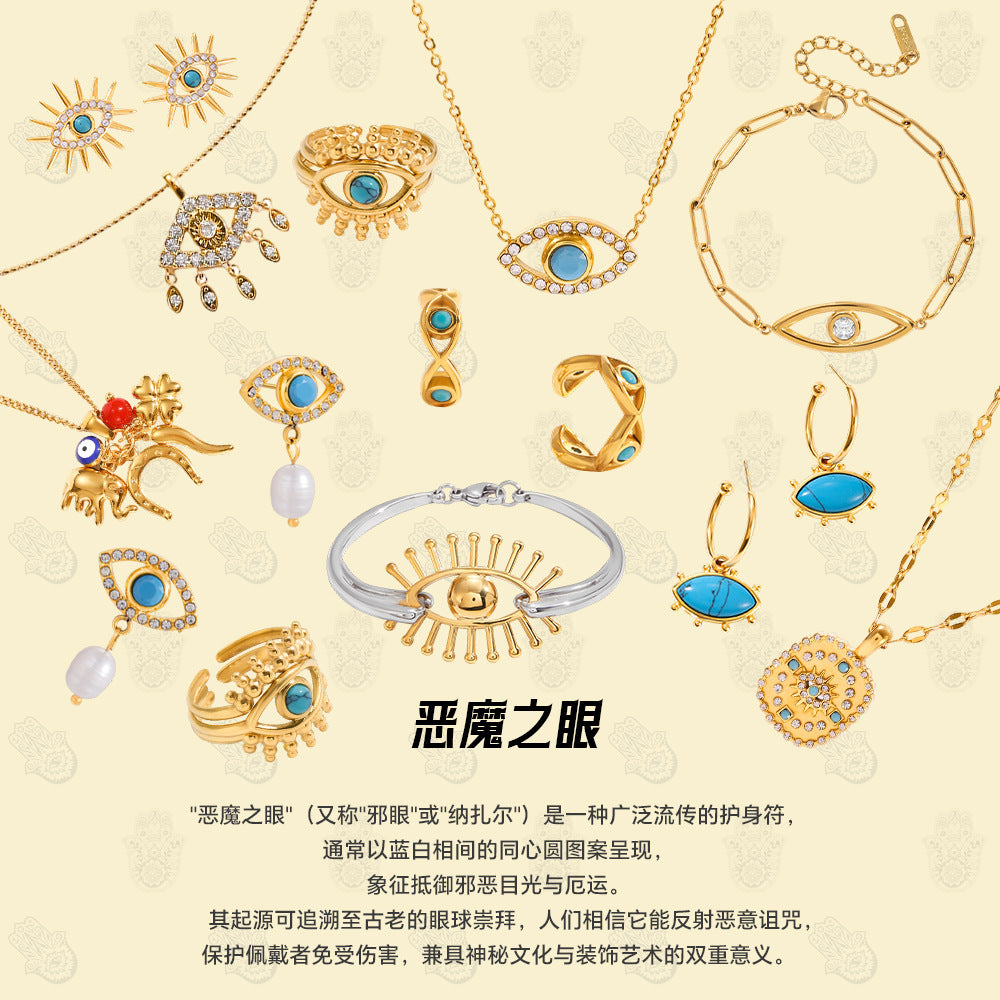 Gold-Tone Evil Eye Stainless Steel Necklace and Earring Collection close-up product view