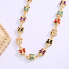 close view of red blue purple and black acrylic butterfly necklace