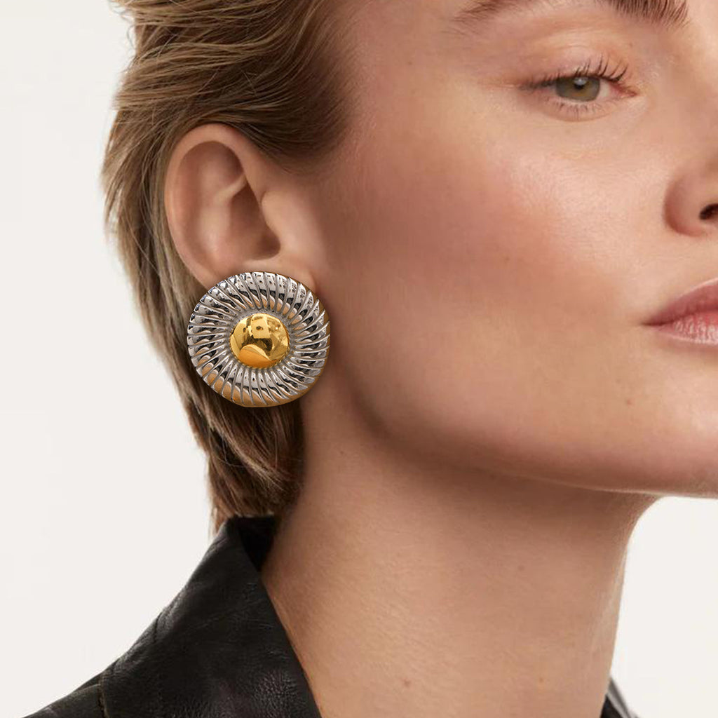 Two-Tone Circular Stainless Steel Statement Stud Earrings — detail view