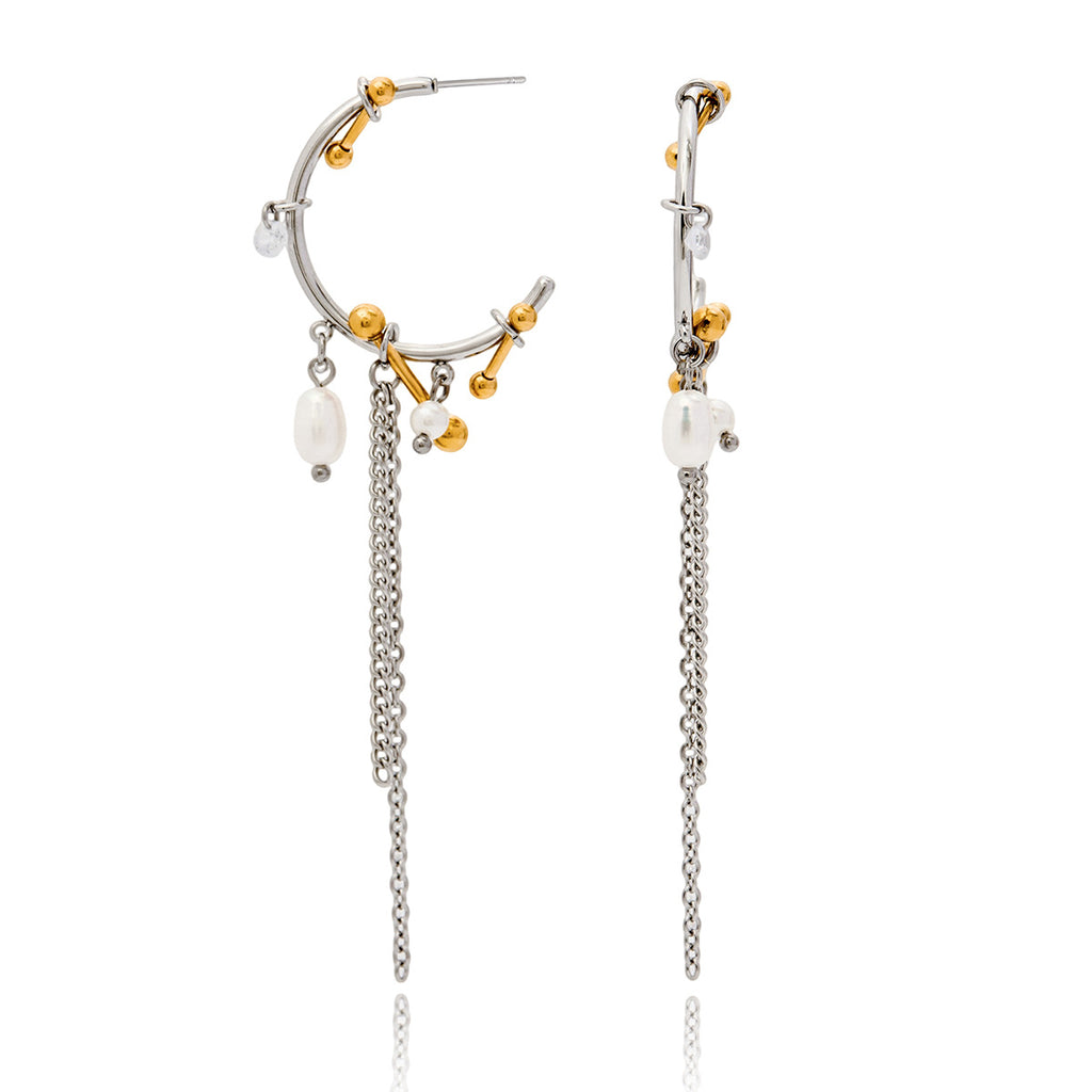 Two-Tone Pearl-Look Tassel Stainless Steel Hoop Earrings – front view