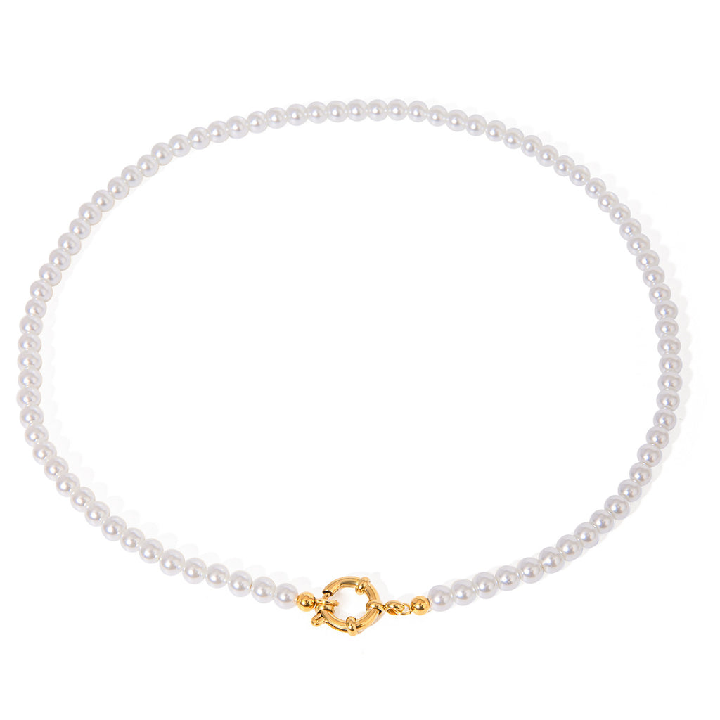 Pearl-Look Bead Stainless Steel Necklace with Ring Clasp finish and shape detail