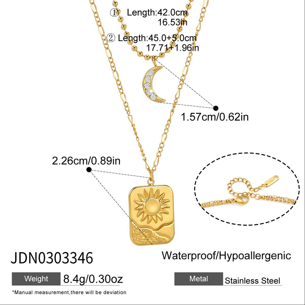 Two chain lengths pendant dimensions and shared clasp diagram