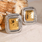 Two-Tone Hammered Square Stainless Steel Statement Stud Earrings close-up product view