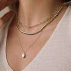 Close-up of three chain textures and oval clear pendant