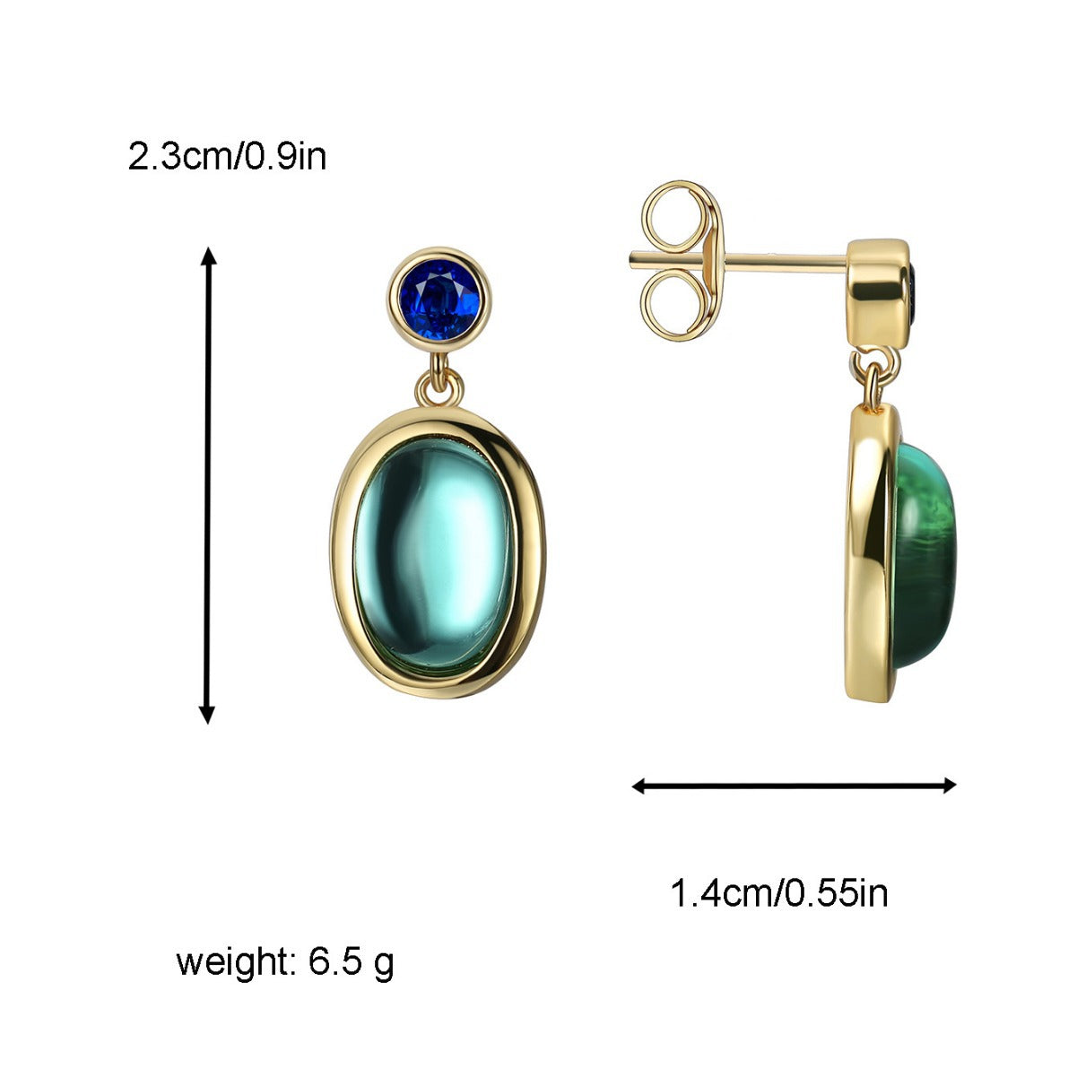 23 mm blue glass and blue stone earring dimensions and weight