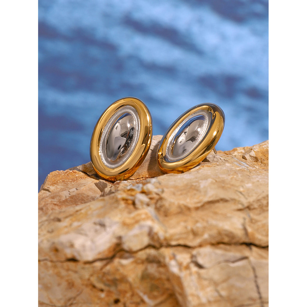 Two-Tone Oval Dome Stainless Steel Stud Earrings – product view 2