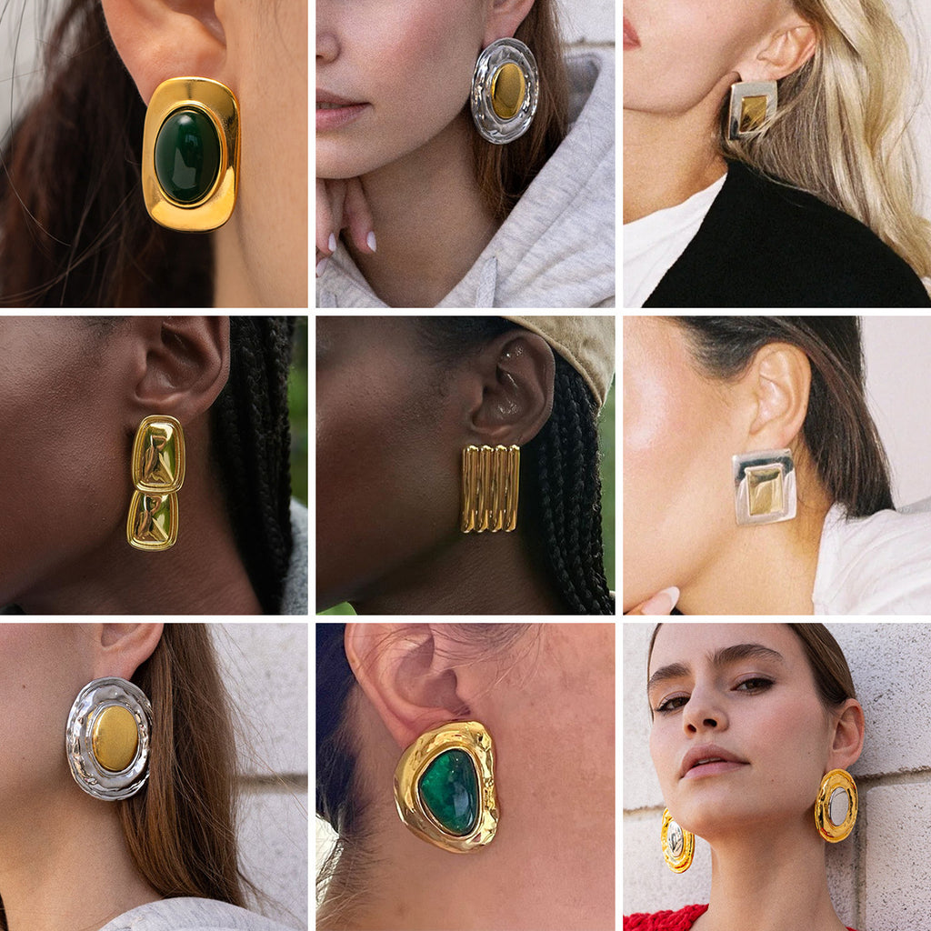 Styling references showing several framed statement earrings worn at the ear