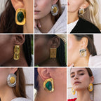 Styling references showing several framed statement earrings worn at the ear