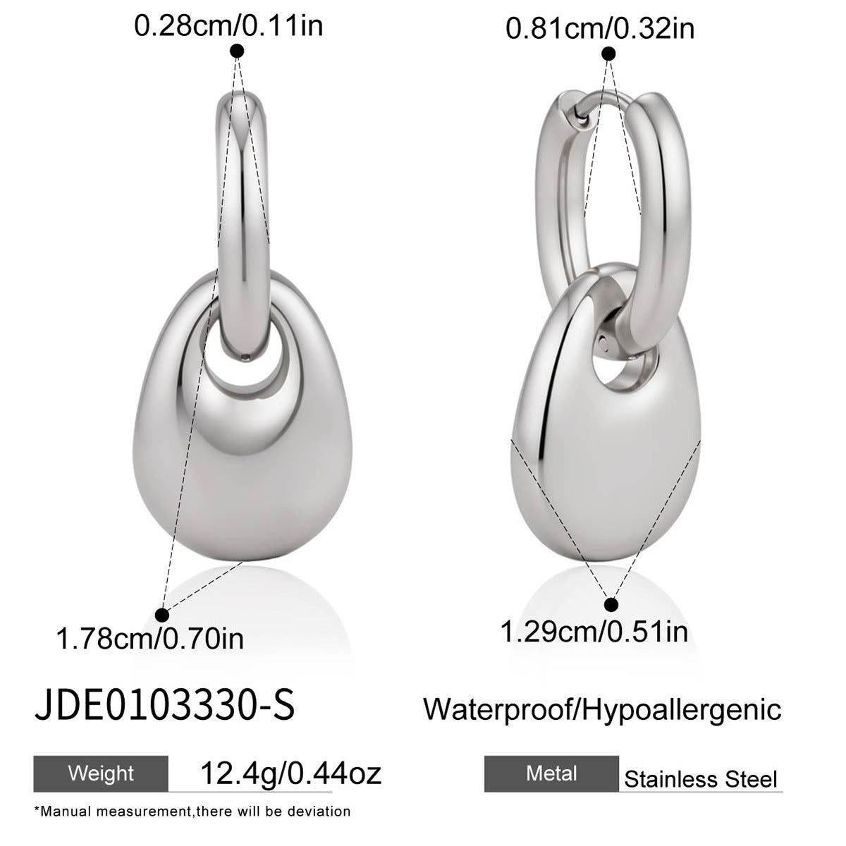 Silver tone pebble drop earrings with dimensions