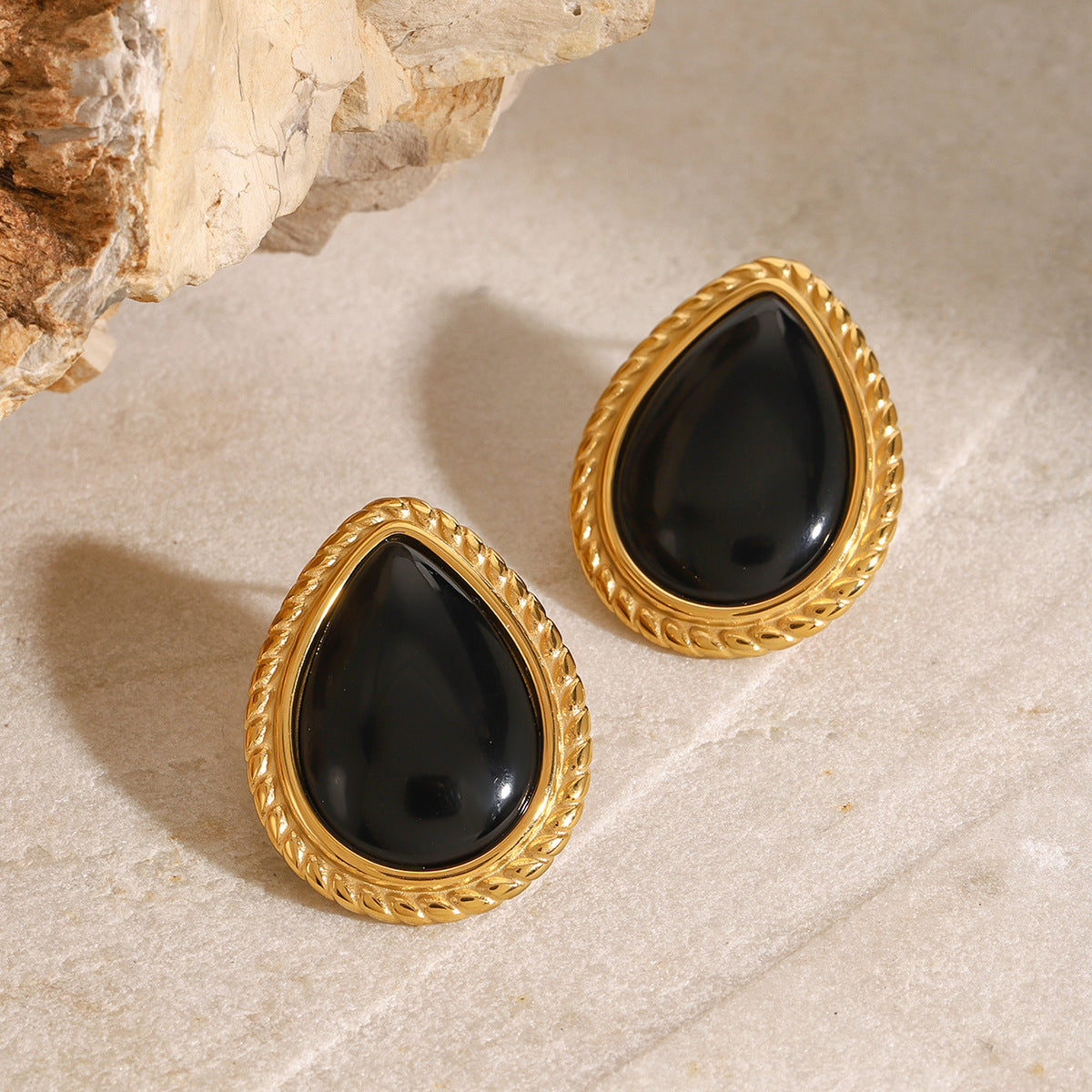 Gold-Tone Black Oval Stainless Steel Stud Earrings — wholesale view 2