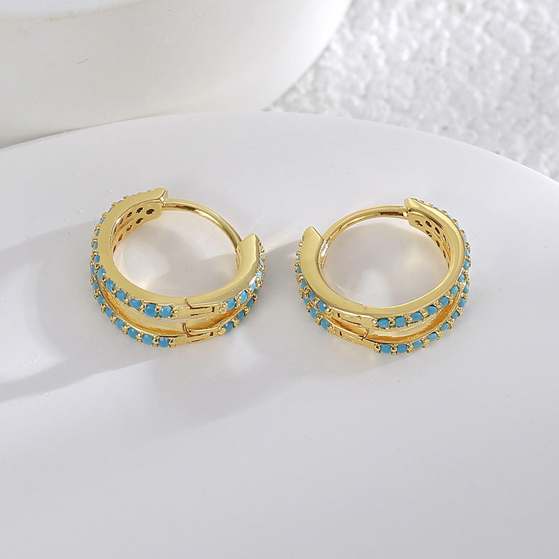 gold plated double-row hoop earrings with turquoise-color stones