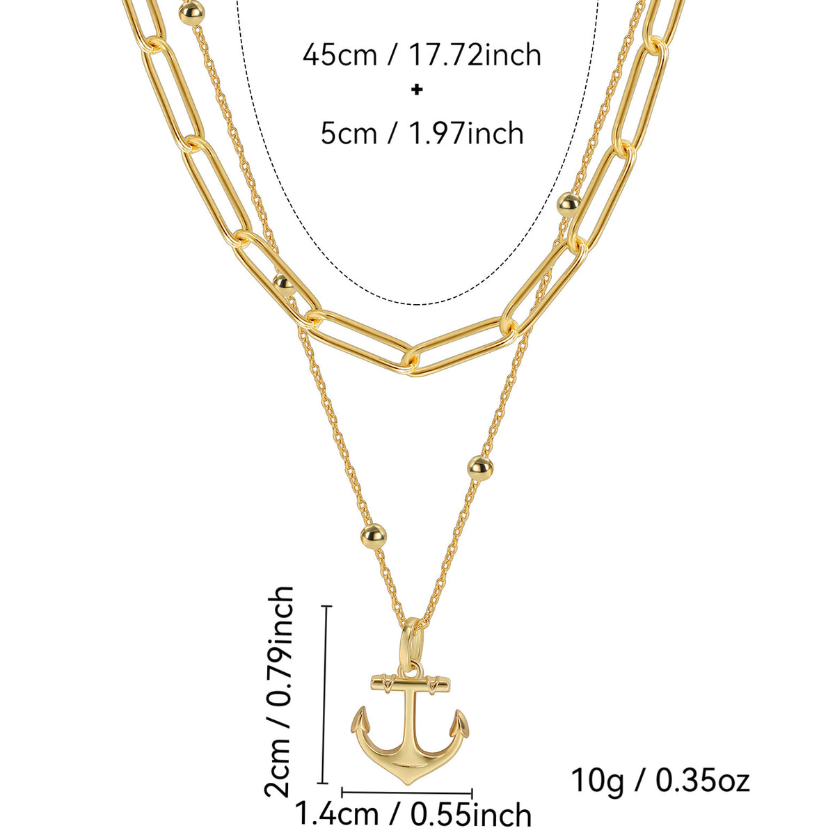 size and weight diagram for the layered anchor necklace