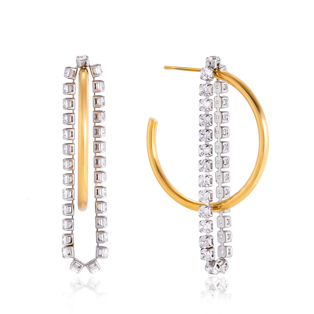 front and side views of clear stone chain tassel hoop earrings