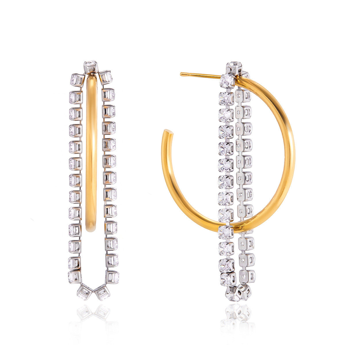 front and side views of clear stone chain tassel hoop earrings