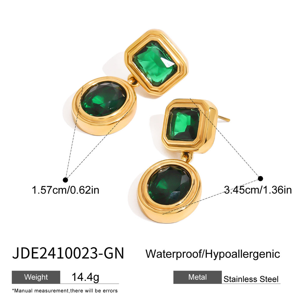 Double green accent stainless steel drop earrings