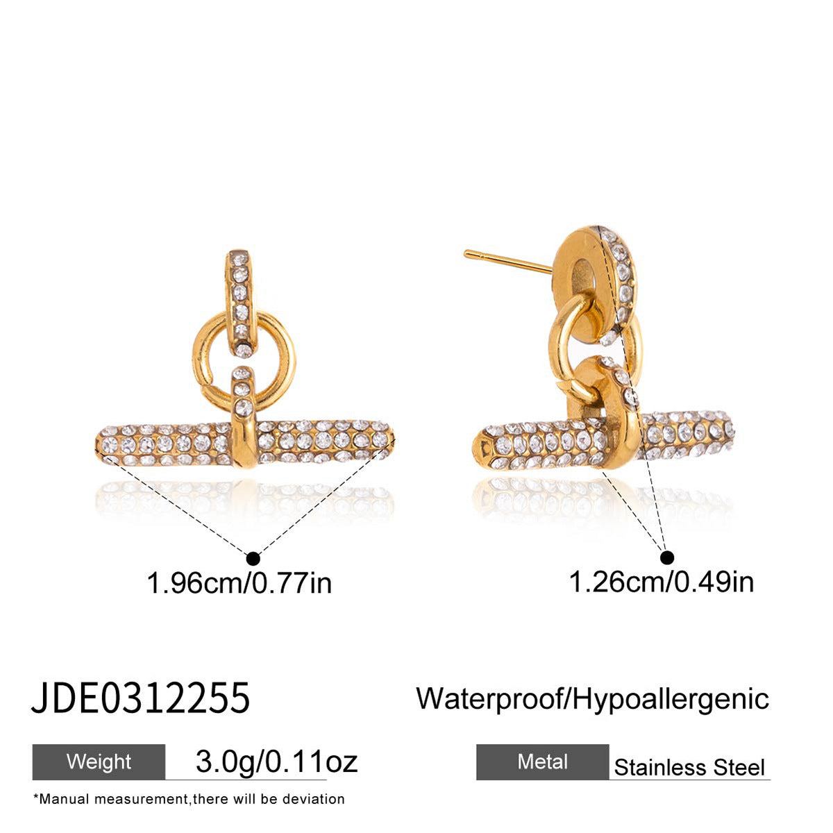 T-bar earring width and link dimensions