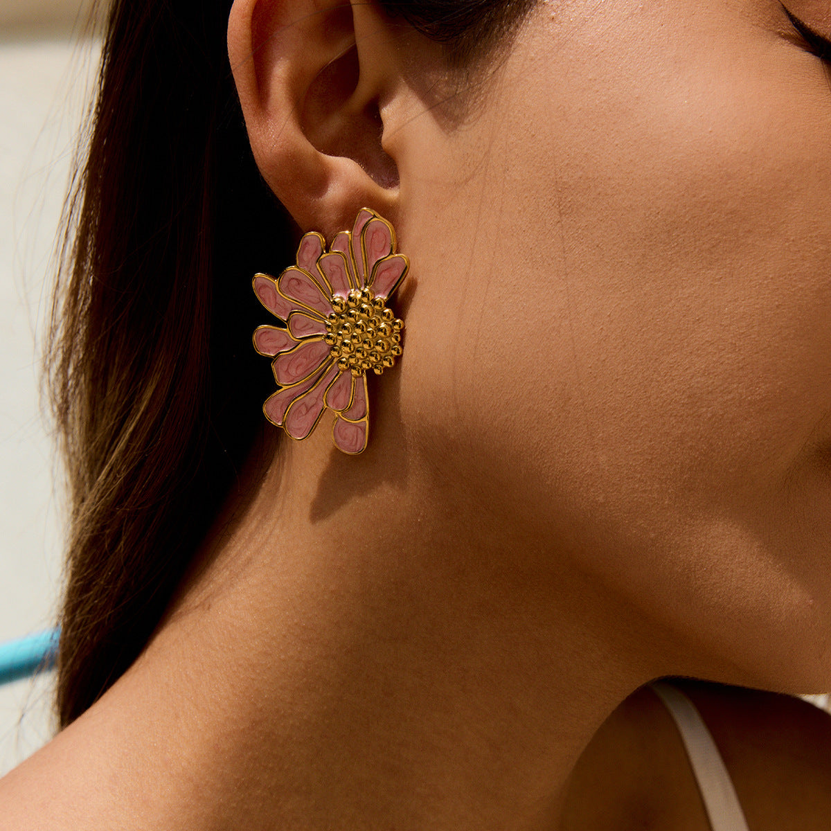 Gold Tone Colored Floral Stainless Steel Stud Earrings — pink petal floral stud option