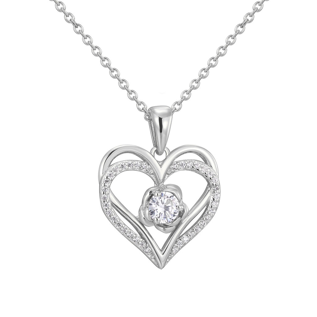 isolated silver-finish double heart clear stone pendant necklace