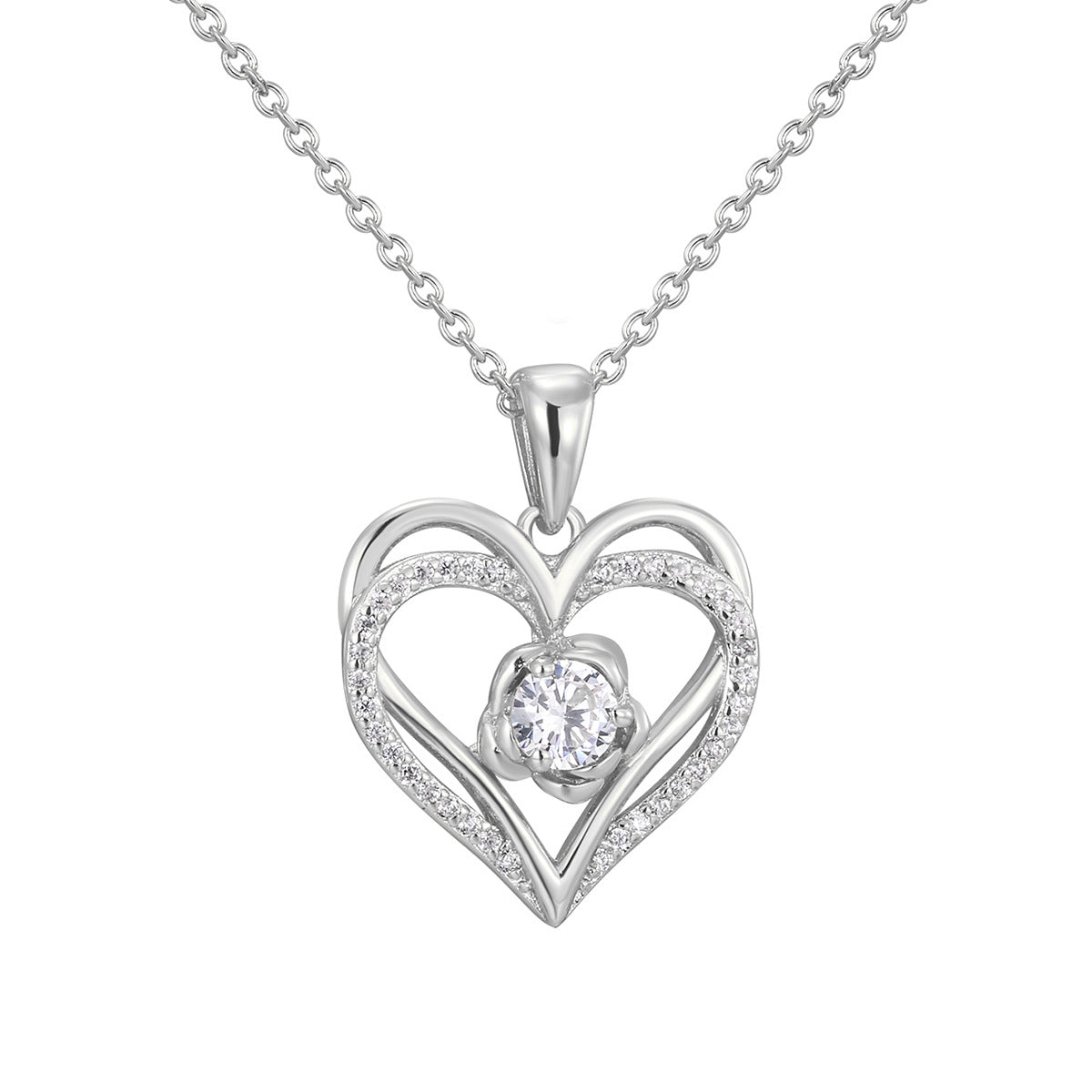 isolated silver-finish double heart clear stone pendant necklace