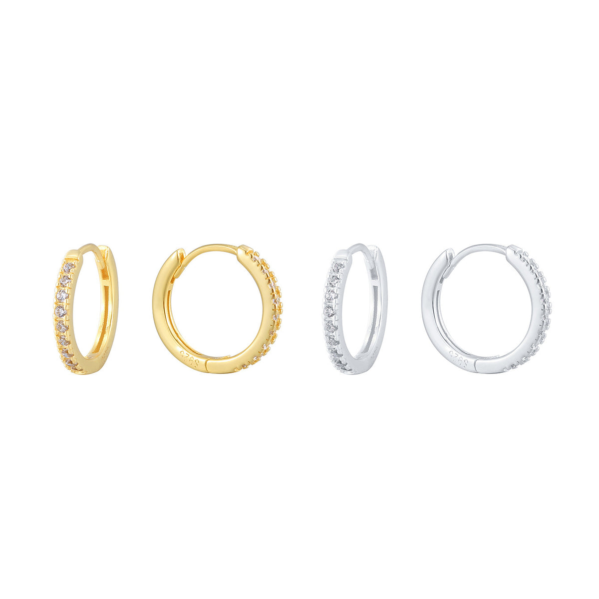 925 Sterling Silver Pavé Zirconia Huggie Hoop Earrings — gold and silver front and side profiles