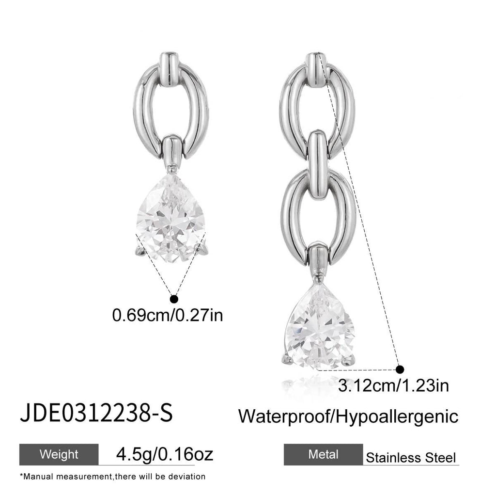 Silver-finish asymmetric link drop earrings with size diagram