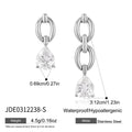 Silver-finish asymmetric link drop earrings with size diagram