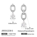 Silver-finish asymmetric link drop earrings with size diagram