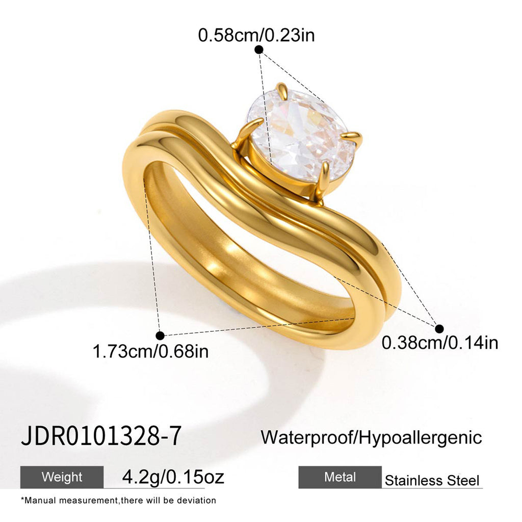 Gold tone wavy ring with raised stone and dimension diagram