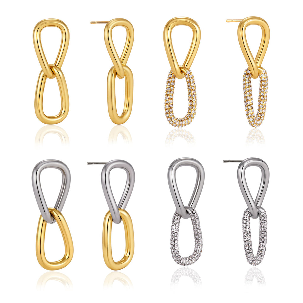 Four linked drop earring options shown from front and side